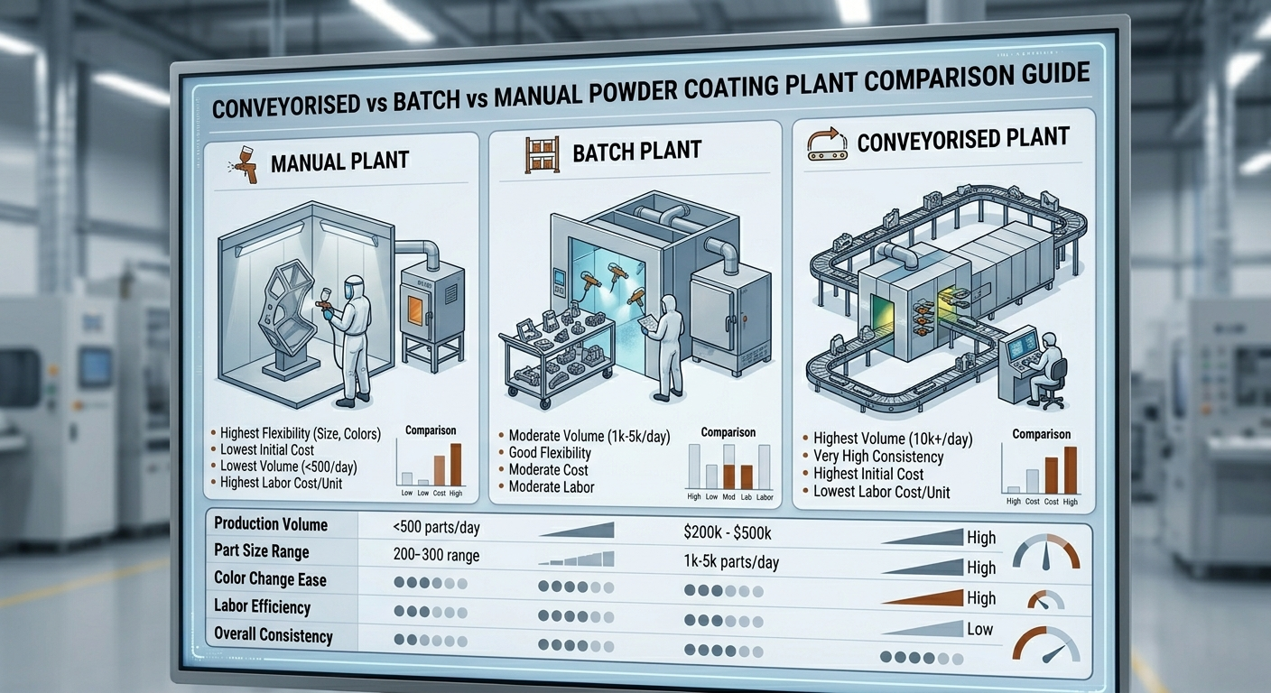 Conveyorised vs Batch vs Manual Powder Coating Plant: Which is Best for Your Production in 2026? - Brahma Fabricon Vadodara Gujarat 2 Conveyorised vs Batch vs Manual Powder Coating Plant